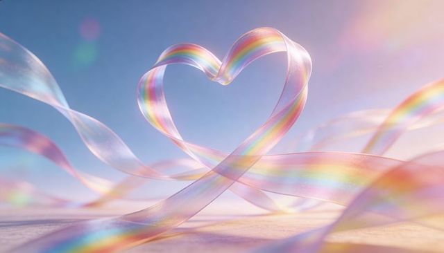 Iridescent rainbow ribbon heart sunlit pastel sand romantic background