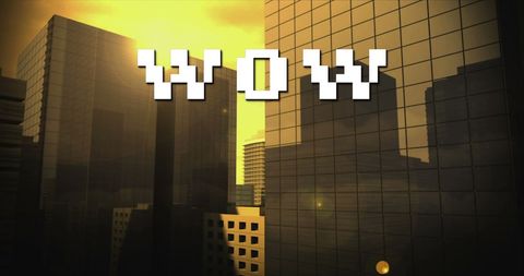 Retro-Digital 'WOW' Over Urban Skyscrapers Sunset
