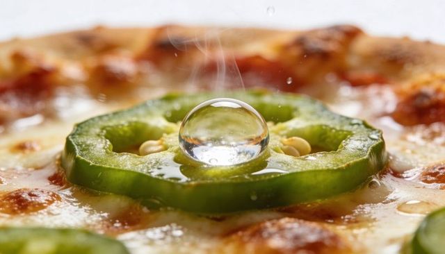 Close-up macro jalapeno ring holding crystal droplet on sizzling melted mozzarella pizza