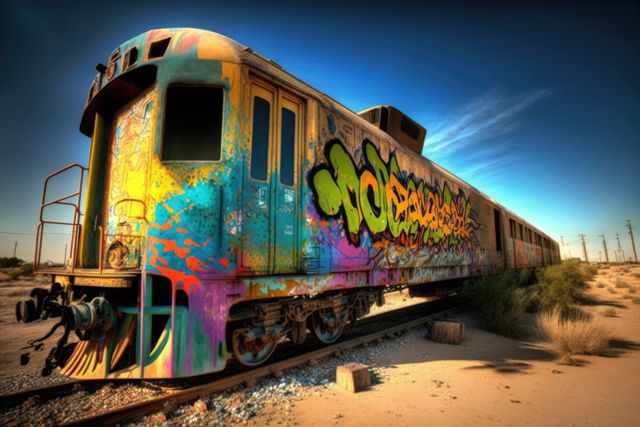 Abandoned train covered in vibrant graffiti sitting on railway tracks in a desert environment. Bright and colorful urban art contrasts with the arid, desolate landscape. Ideal for projects focused on urban decay, art in unusual places, travel, exploration themes, and dramatic contrasts in environmental settings.