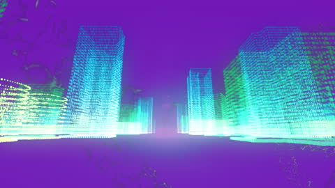 Futuristic Digital Cityscape with Moving Shapes