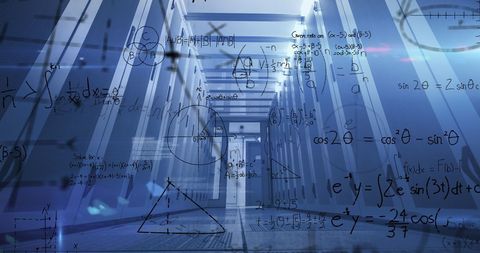Mathematical equations overlaid on modern data center