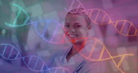 Female Doctor Smiling Amidst 3D DNA Helix Display Modern Medicine