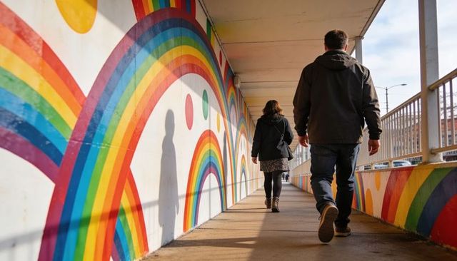 Couple walking along sunlit rainbow mural walkway casting long shadows past metal railing