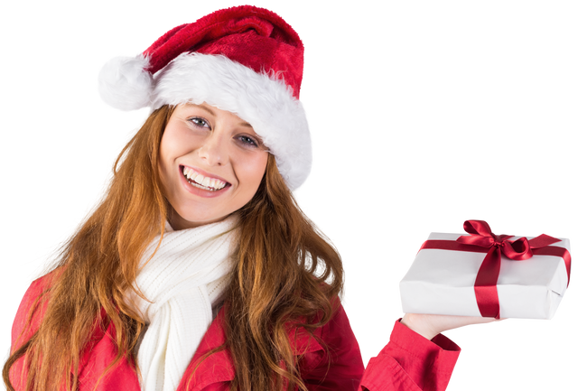 Smiling Redhead Woman Wearing Santa Hat and Holding Gift Box on Transparent Background - Download Free Stock Videos Pikwizard.com