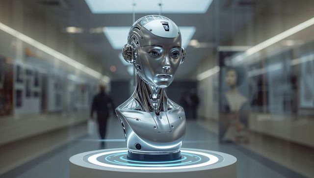 Chrome humanoid robot bust glowing on lit pedestal in museum futuristic exhibition display