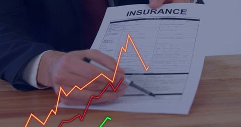 Executive pointing at insurance form with rising financial graphs indicating risk and growth