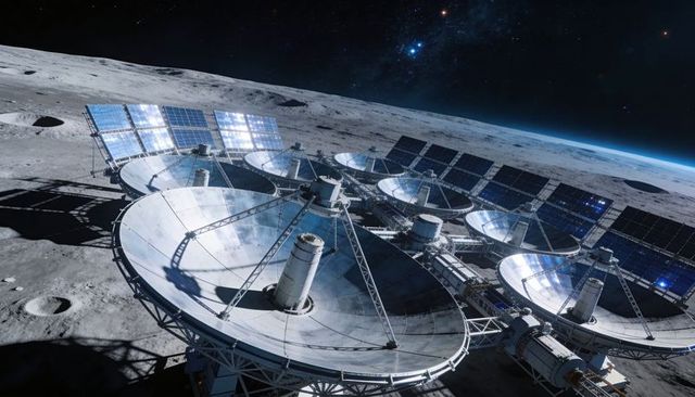 Lunar Parabolic Dish Array Reflecting Sunlight with Solar Panels and Earth Rising