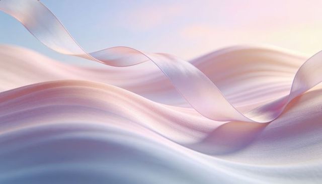 Pastel satin waves with floating translucent ribbon, soft abstract minimalist background