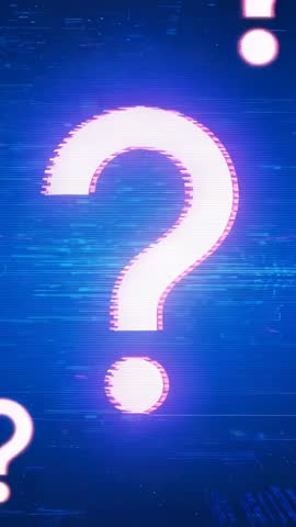 Pulsing Neon Question Mark Sending Glitch Marks Across Cyberpunk Blue Grid Vertical Loop