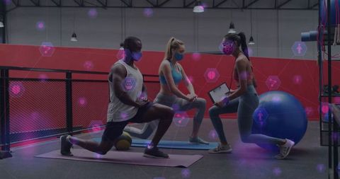Fitness Training in Gym with Face Masks and Digital Icons