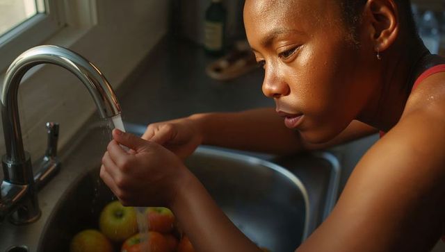Woman rinsing apples at kitchen sink under chrome faucet in warm window sunlight