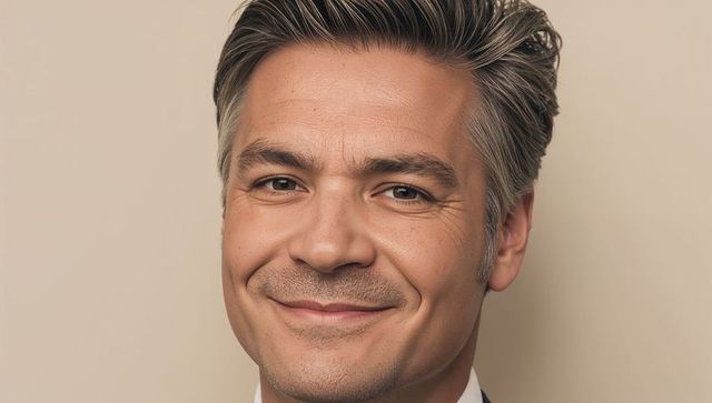 Smiling middle-aged businessman in dark jacket and white shirt, confident executive headshot