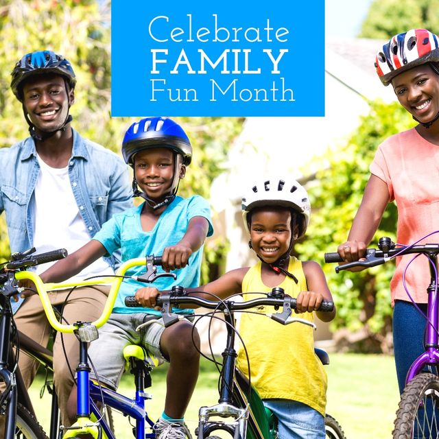 African American family having fun bike riding together in park. Perfect for themes of outdoor activities, family bonding, summer fun, healthy lifestyle, and family-centric marketing campaigns.