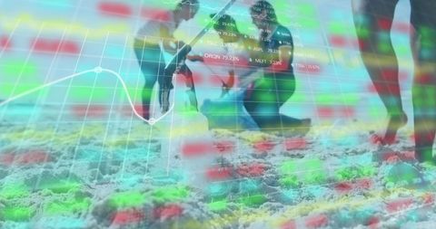 Woman on beach digging while market chart overlays scene