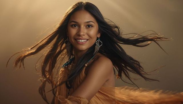 Radiant young woman wearing amber shawl and feather earrings, hair flowing in breeze