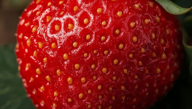 Macro ripe strawberry glistening with dewdrops and seeds showing detailed red berry texture