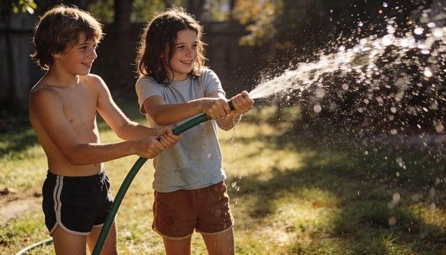 Children playing with garden hose spraying water in sunny backyard carefree summer play