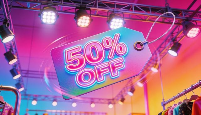 Vibrant neon 50% off hanging sale tag attracting shoppers in retail pop-up with spotlights
