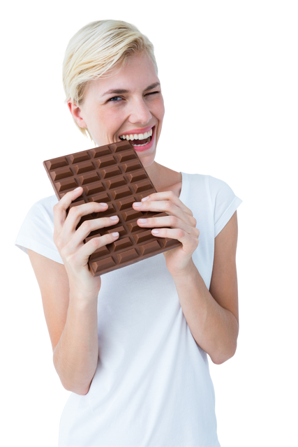 Transparent smiling blonde woman enjoying large chocolate bar - Download Free Stock Videos Pikwizard.com