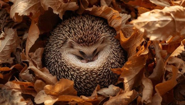 Curled hedgehog nestling in autumn leaves closeup wildlife macro spiny woodland cozy