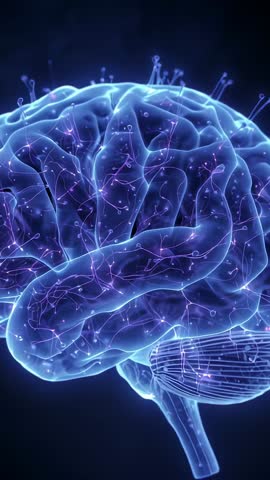 Rotating glowing brain with neural filaments revealing cerebellum in vertical scifi view