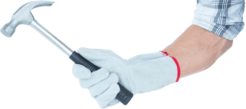 Hand wearing glove holding hammer transparent png