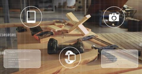 Woodworking workshop blending hand tools with digital ui overlays for modern fabrication