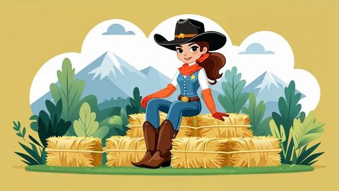Cowgirl in western outfit sitting on hay bales with scenic mountains