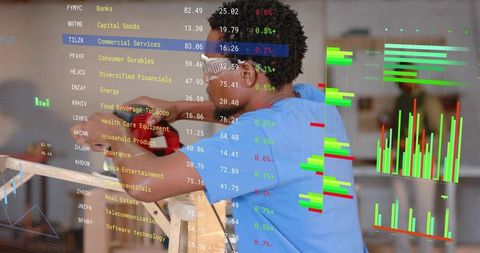 Man sanding wood in workshop with overlaid market data and interactive analytics dashboards