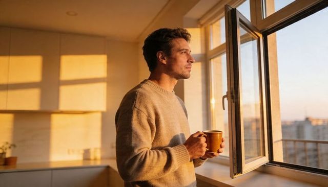 Man holding mug by open window at golden hour in cozy apartment kitchen