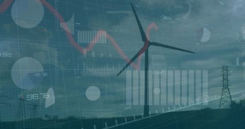 Wind Turbine with Digital Data Overlay Symbolizing Renewable Energy