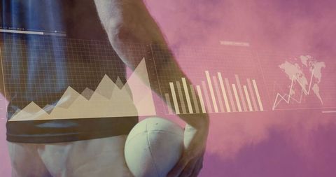 Athlete with Volleyball and Digital Graphs in Pink Smoke