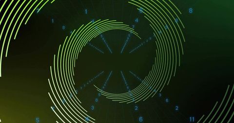 Spiraling neon green arcs converging into digital tunnel with floating blue numerals
