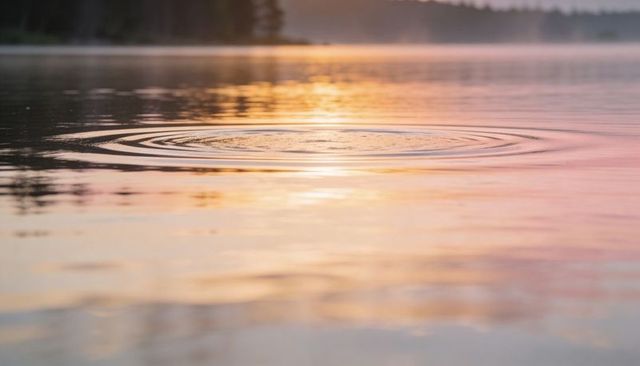 Rippling concentric rings on lake at pink-gold sunset with misty treeline