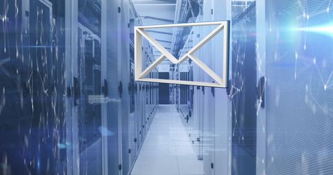 Email icon in futuristic data center symbolizing digital communication