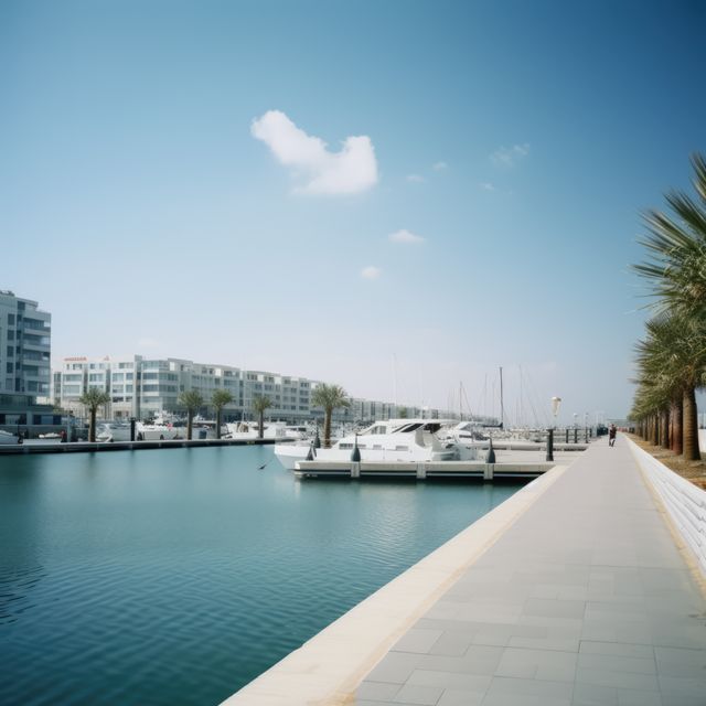 Modern marina with luxury yachts docked along calm water. Quaint palm trees line the dock under clear blue sky. Sleek waterfront buildings add to appeal. Perfect for promoting coastal lifestyle, sailing, tourism, and luxurious real estate. Ideal for illustrating a sunny day in a high-end recreational setting.
