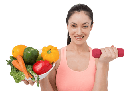 brunette woman holding dumbbell and bowl of fresh vegetables transparent background - Download Free Stock Videos Pikwizard.com
