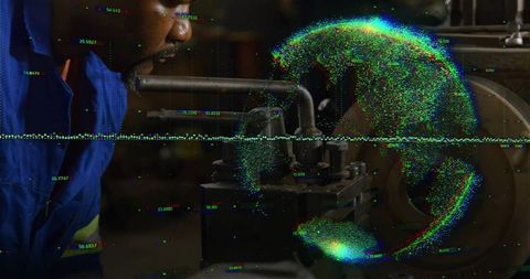 Technician leaning inspecting industrial piping with hologram globe and glitch overlay