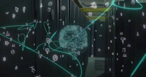 Floating teal wireframe brain hologram pulsing in server aisles neon neural network trails