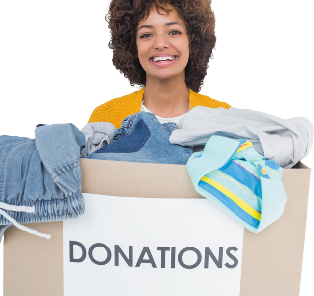 Smiling Woman Holding Transparent Donation Box Filled with Clothes Avoiding Use of Single Use Waste - Download Free Stock Videos Pikwizard.com