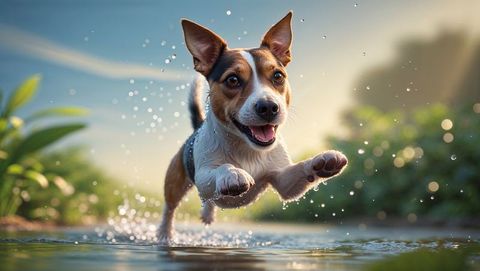 Jack russell terrier joyfully splashing through forest creek