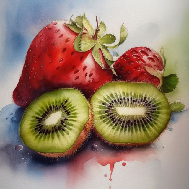 Watercolor painting of fresh strawberries and sliced kiwis on white background, presenting vibrant colors and detailed textures. Suitable for use in culinary blogs, health and wellness articles, food packaging design, or home decor. Ideal for promoting healthy eating and natural foods.