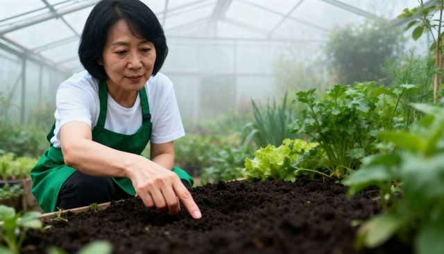 Senior asian gardener pointing at rich soil in greenhouse raised bed with lettuce