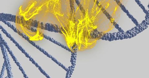 Abstract neon dna double helix with blue bead strands and glowing yellow energy flow