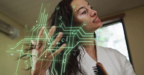 Woman Brushing Hair with Digital Circuitry Concept