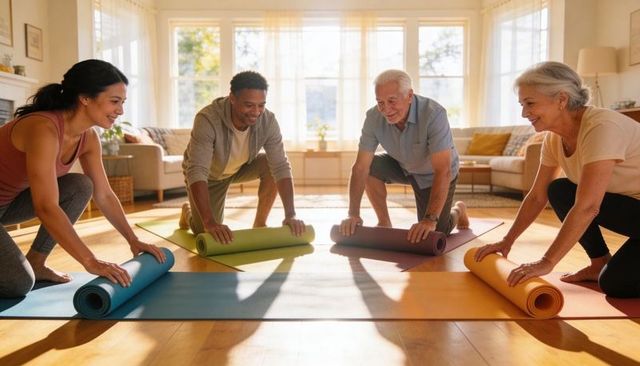 Multigenerational group rolling yoga mats in sunlit living room for home fitness wellness