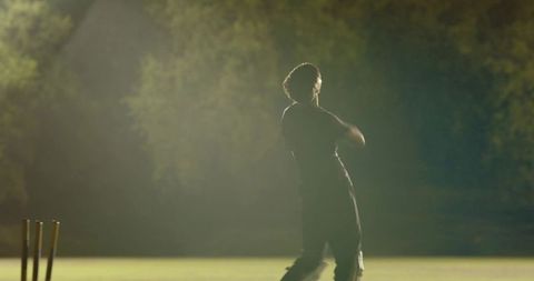 Wicketkeeper celebrating run-out under floodlights during night cricket match