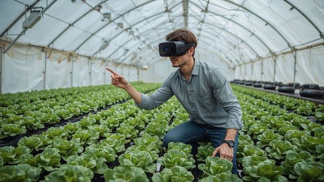 Man using vr headset for hydroponic farming in greenhouse