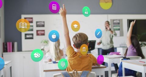 Modern classroom with interactive educational icons